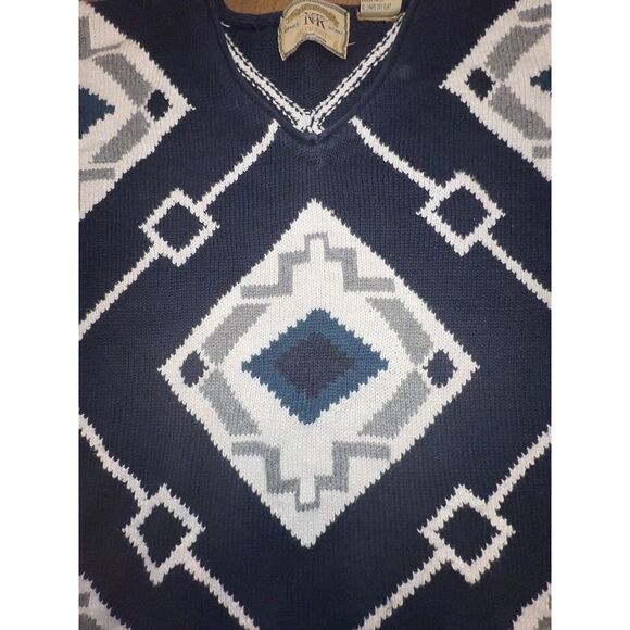 Vintage 90s Abstract Diamond Knit Grandpa Sweater XL Ramie Cotton Blend Blue - Picture 6 of 8
